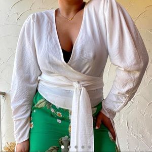 ASOS Wrap Top White Long Sleeve Cinched Sleeves